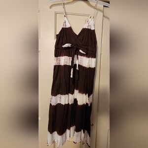 Brown and White Striped Gauzy Women's Dress, Spaghetti Straps
